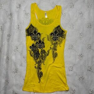 Vintage Y2K Zona Libra Yellow Rhinestone Fleur-de-Lis Wing Tank Top Size Large